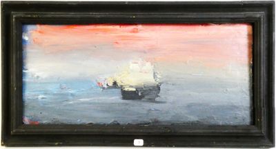 an oil painting of a boat in a body of water