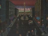 painting of a street scene with a clock tower in the distance and people walking down the street