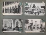 several old black and white photos of a building with a clock on it
