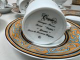 a cup and saucer sitting on a plate on a table