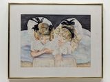 painting of two little girls reading a book on a bed