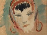an image of a painting of a woman ' s head with ear rings