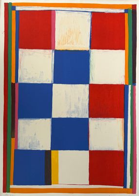 une image représentant un tableau d'une place ornée d'un motif rouge, blanc, bleu et jaune