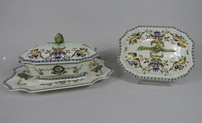 two pieces of porcelain dishes and a platter with a lid