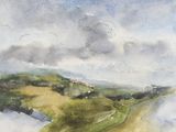 watercolor painting of a landscape of a green hill with a road in the foreground