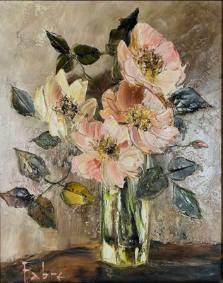 a painting of flowers in a vase on a table