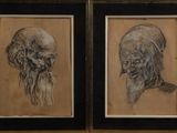 deux dessins encadrés représentant un homme et une femme à la longue barbe