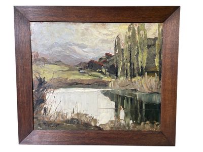 an oil painting of a landscape with a lake and trees