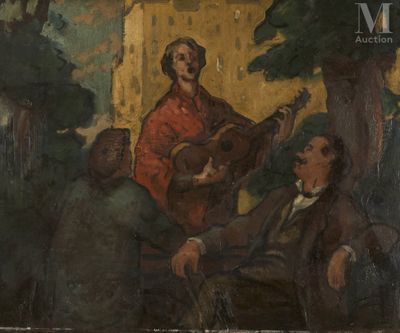 une image représentant un tableau où l'on voit un homme jouant de la guitare dans un parc
