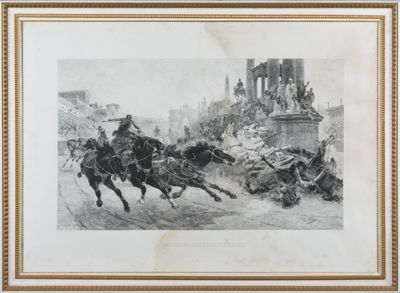 an old picture of a horse drawn carriage being pulled by two men