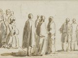 dessin représentant un groupe d'hommes alignés
