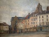 painting of a street scene with buildings and a clock tower in the background