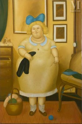 tableau représentant une femme en robe jaune avec un nœud bleu