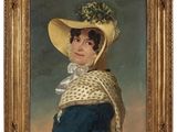 portrait d'une dame portant un chapeau jaune et une robe bleue