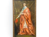 un vieux tableau représentant un homme vêtu d'une robe rouge tenant un éventail