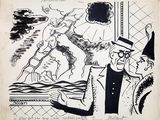 drawing of a man in a suit and tie standing in front of a man in a hat