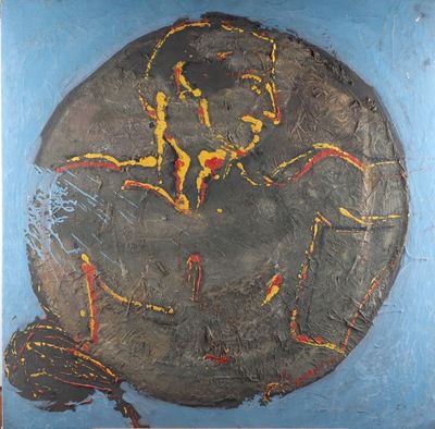 un tableau représentant un homme assis sur un rocher