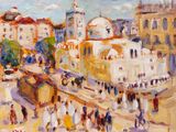 une peinture à l'huile d'une scène de rue avec des gens et des bâtiments