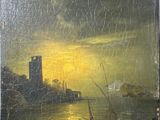 une vieille peinture représentant un bateau sur une rivière, avec un château en arrière-plan