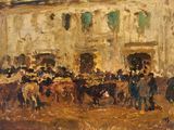 painting of a crowd of people standing in front of a building
