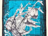 a blue and black banda with an image of a ship on it