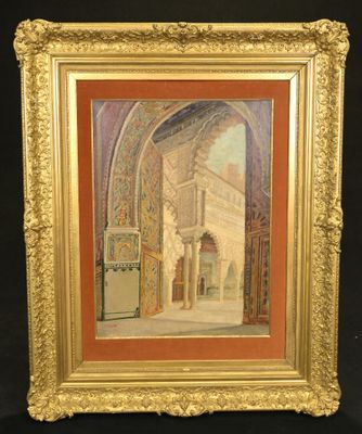 an oil painting of a courtyard with arches and arches