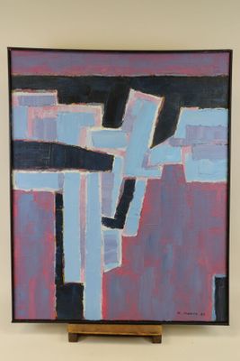 peinture abstraite représentant des formes bleues, roses et noires sur un mur blanc