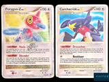 two pokemon cards are shown side by side on a black background