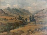 an oil painting of a landscape with mountains in the background