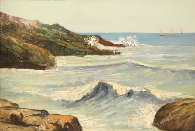 un tableau représentant une vue sur l'océan depuis un rivage rocheux
