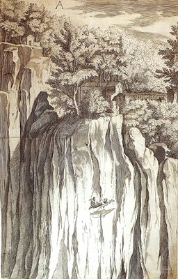 a drawing of a waterfall with a boat in it
