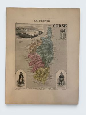 an old map of france with a picture of a man and a dog