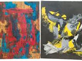 two paintings of different colors and shapes on a white surface