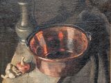 painting of a still life with a copper pan and a silver vase