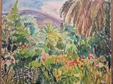 une peinture à l'huile représentant un jardin tropical avec des palmiers et des fleurs