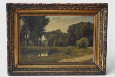 an oil painting of a landscape with trees and a pond