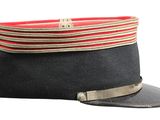 a black hat with a red stripe on it