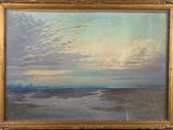une peinture à l'huile représentant une scène de plage avec des nuages dans le ciel