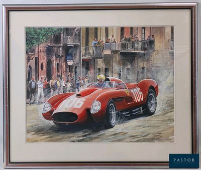 an oil painting of a red race car in front of a crowd