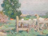 une peinture à l'huile représentant des moutons dans un champ, près d'une clôture en bois