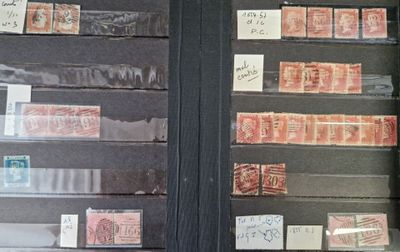 many different types of stamps on display in a case
