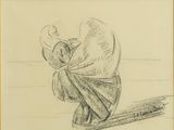 dessin au crayon représentant une femme assise sur une planche de surf, coiffée d'un chapeau