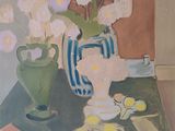 une peinture de fleurs dans un vase sur une table