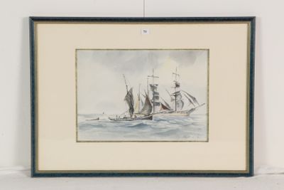 tableau représentant un voilier en pleine mer, avec d'autres bateaux en arrière-plan