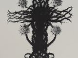 un dessin en noir et blanc représentant un arbre avec des branches et des fleurs