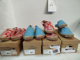 Plusieurs paires de chaussures sont alignées sur des cartons devant un mur blanc.