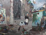 a painting of a street scene with people walking down the street