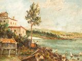an image of a painting of people on a beach near a body of water