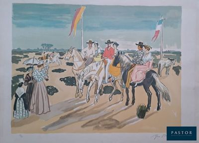 peinture d'un groupe de personnes à cheval sur une plage