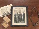 an old picture of a group of men standing next to a chain
